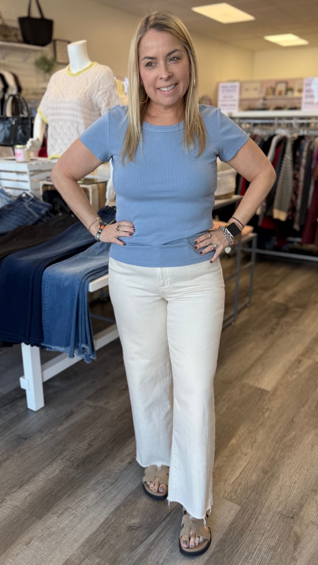Blue Tencel Ribbed Crew Neck Tee