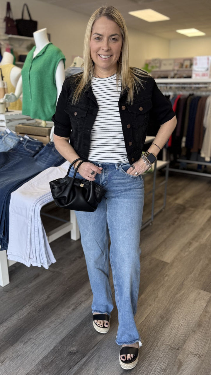 Black Quarter Sleeve Cropped Denim Jacket