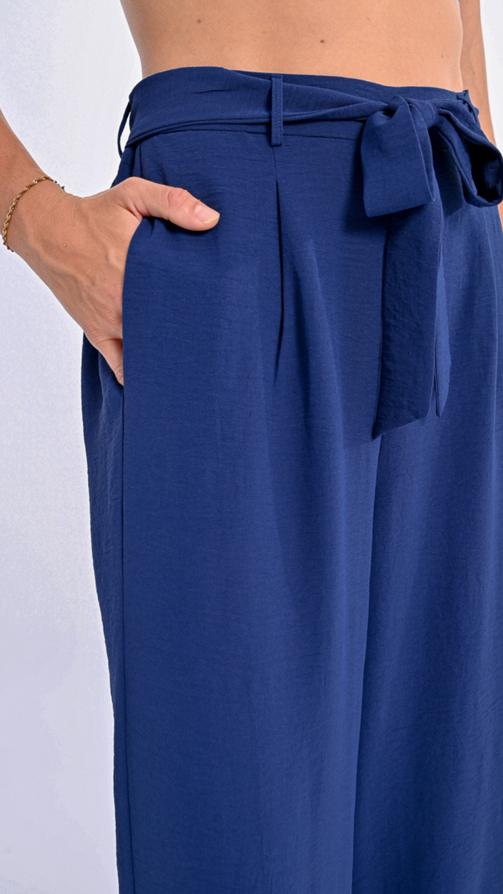 Navy Blue Woven Tie Front Pants