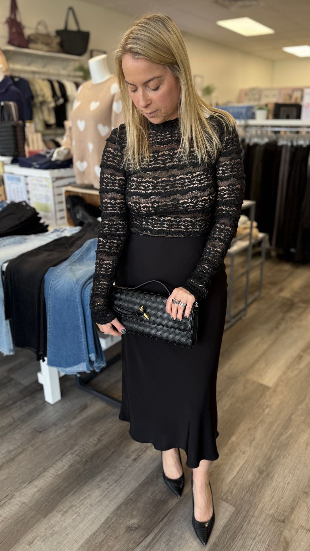 Black Woven Lace See Through Mock Top