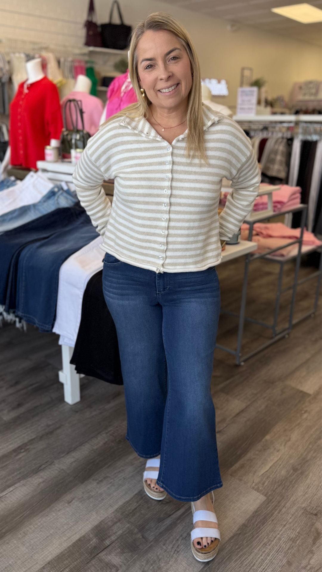 Oatmeal And White Striped Collar Knit Cardigan Sweater