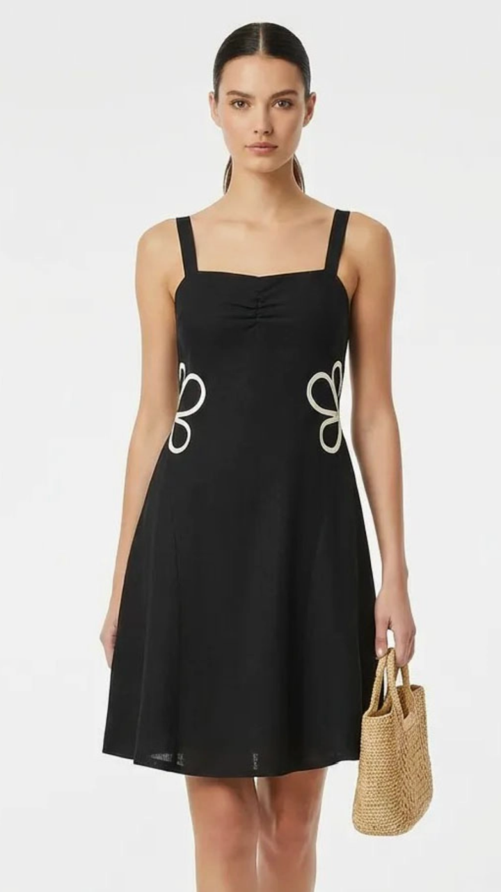 Black Applique Linen Dress