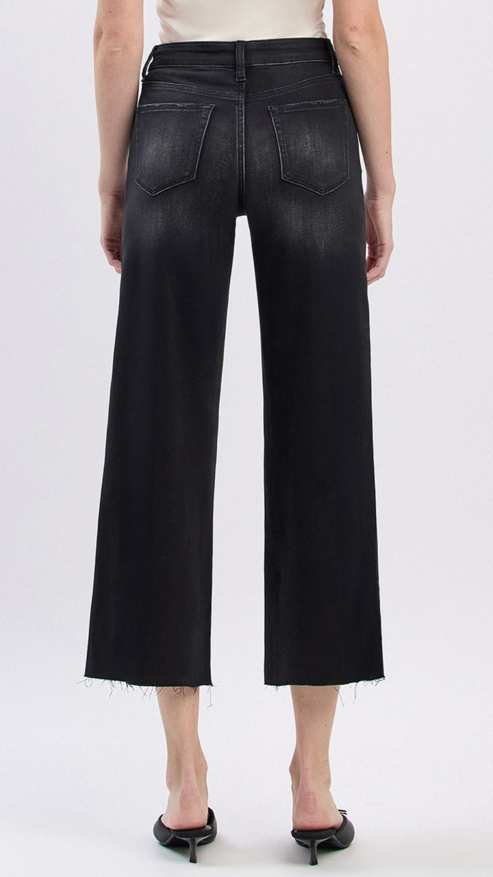 High Rise Black Raw Hem Soft Slim Wide Leg Jeans