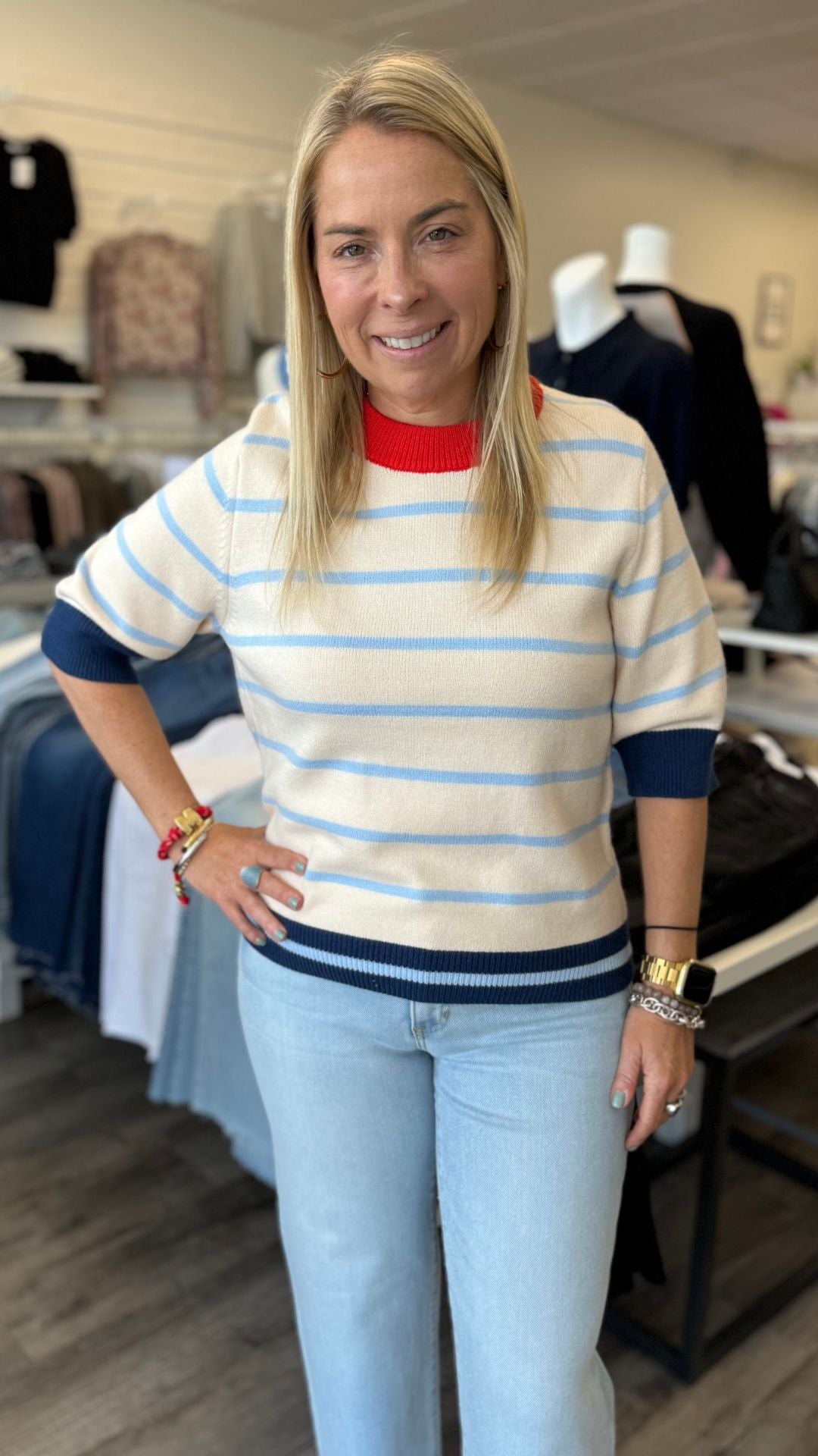 Colorblock Rib Trim Striped Knit Top