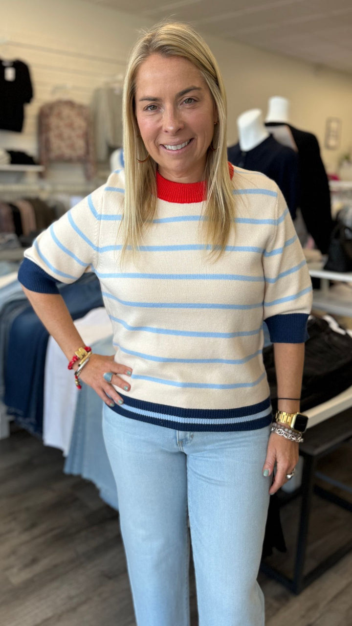 Colorblock Rib Trim Striped Knit Top