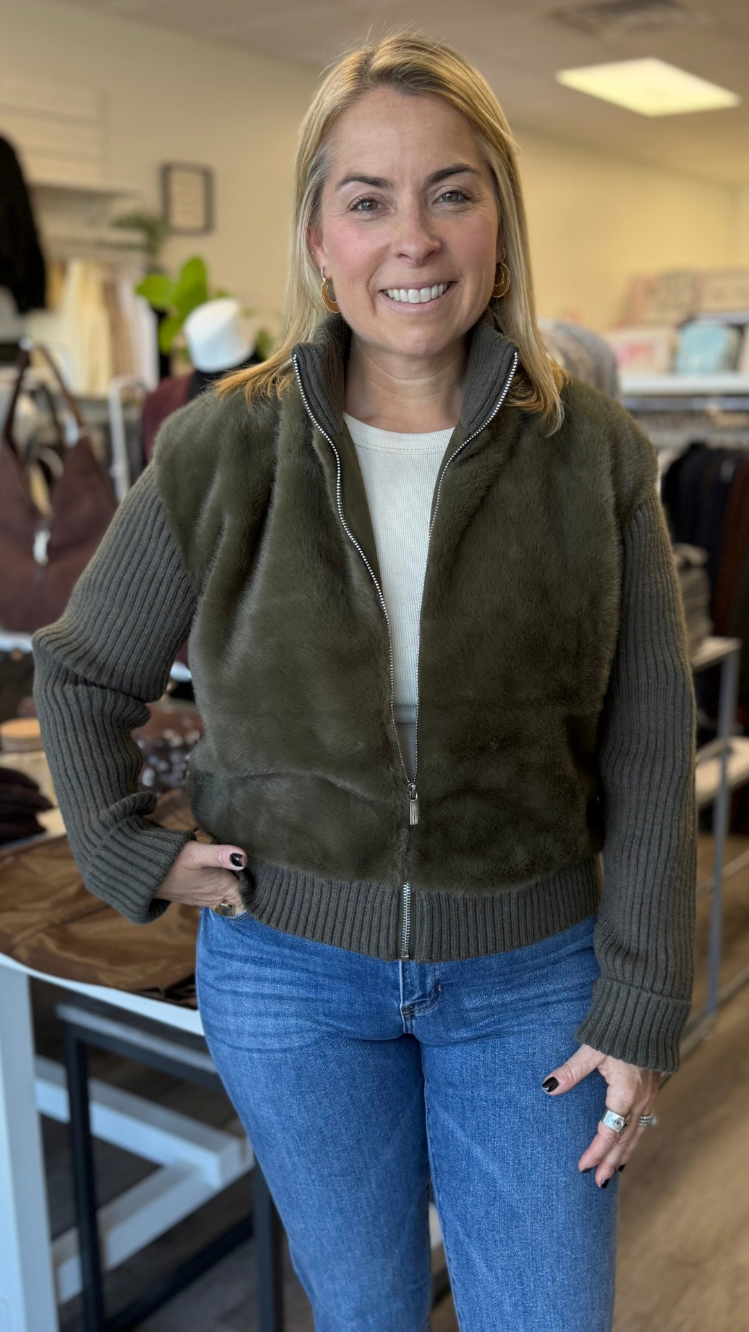 Olive Fur Long Sleeve Funnel Neck Jacket