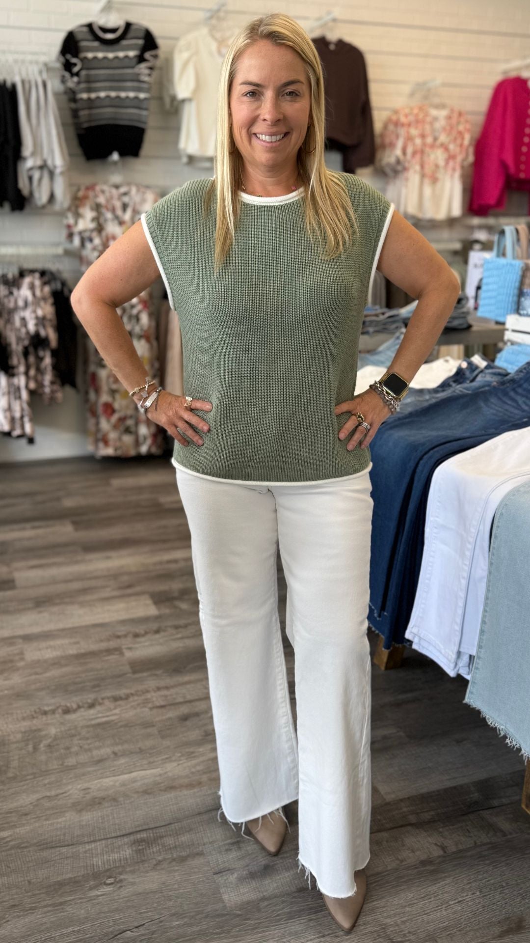 Hazel Green Contrast Rolled Knitted Sweater Vest