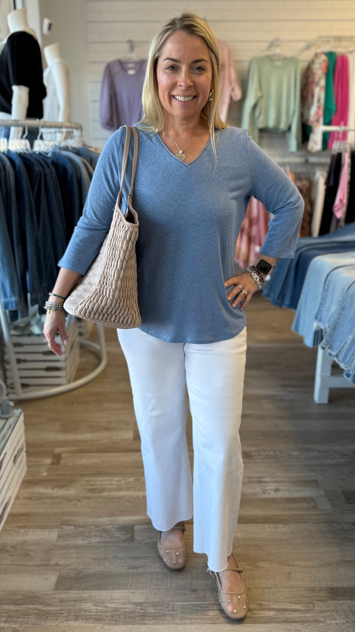 Quarter Sleeve Linen Blend Top With Neck Trim