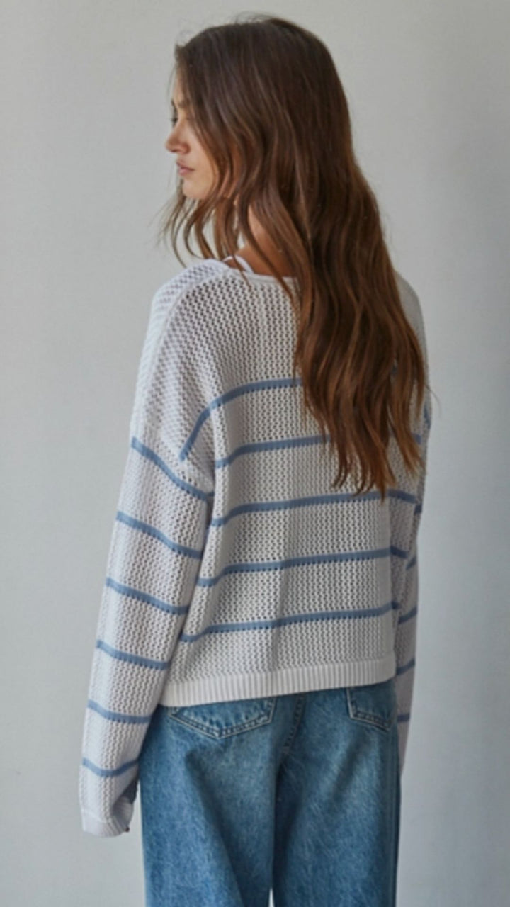 Blue And White Open Knit Stripe Sweater Top