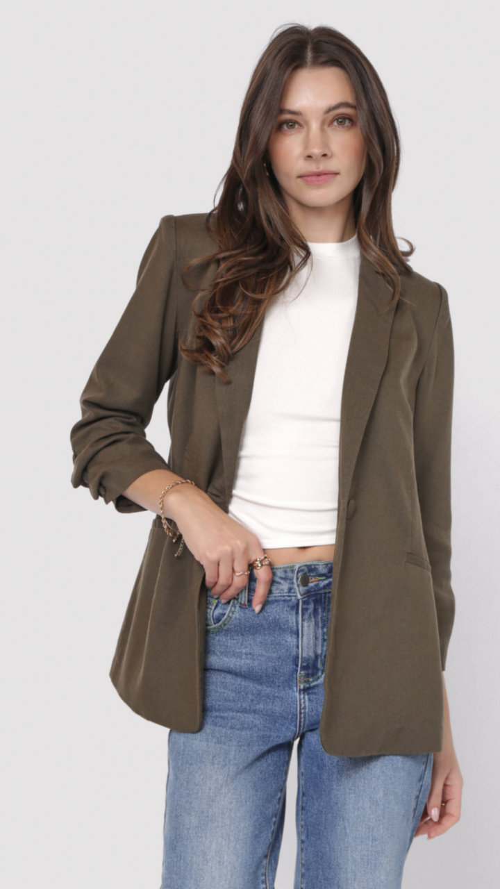 Backyard Ruched Sleeve Linen Blazer