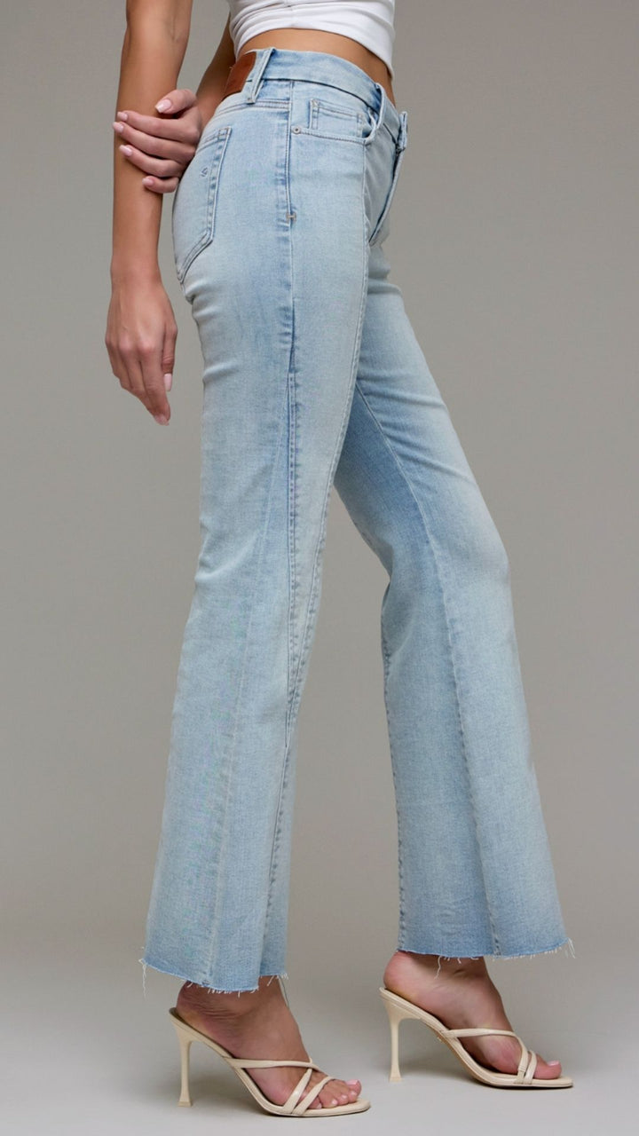 Mid Rise Vintage Wash Full Length Seam Detail Flare Jeans