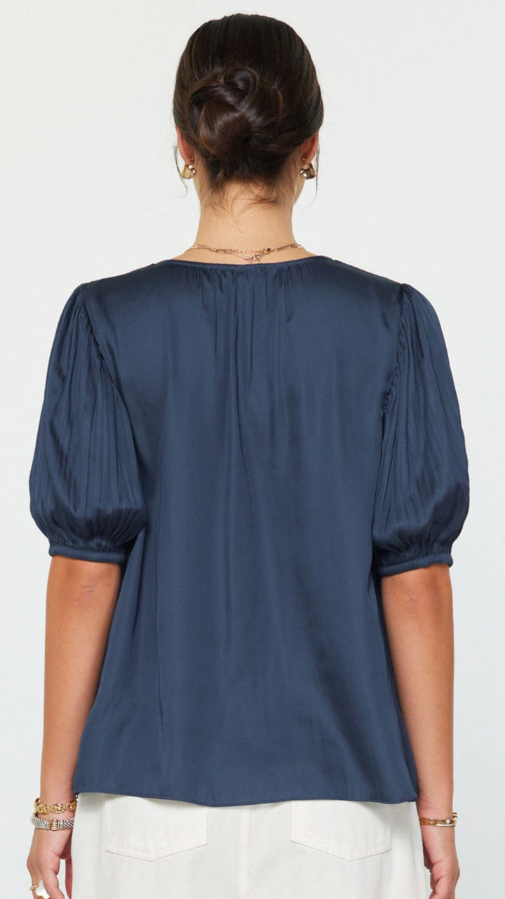 Slate Navy Pleated Puff Short Sleeve Blouse