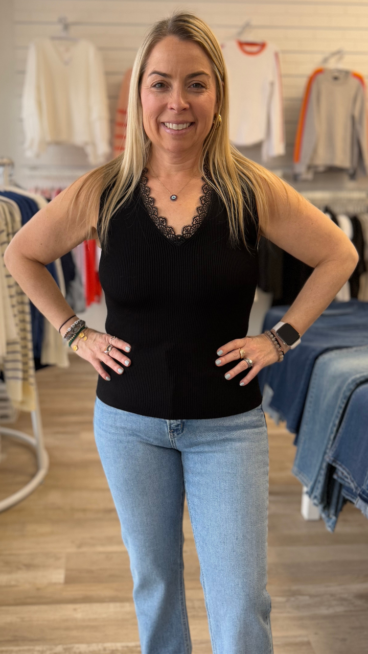 Black Lace Trim Knit Tank