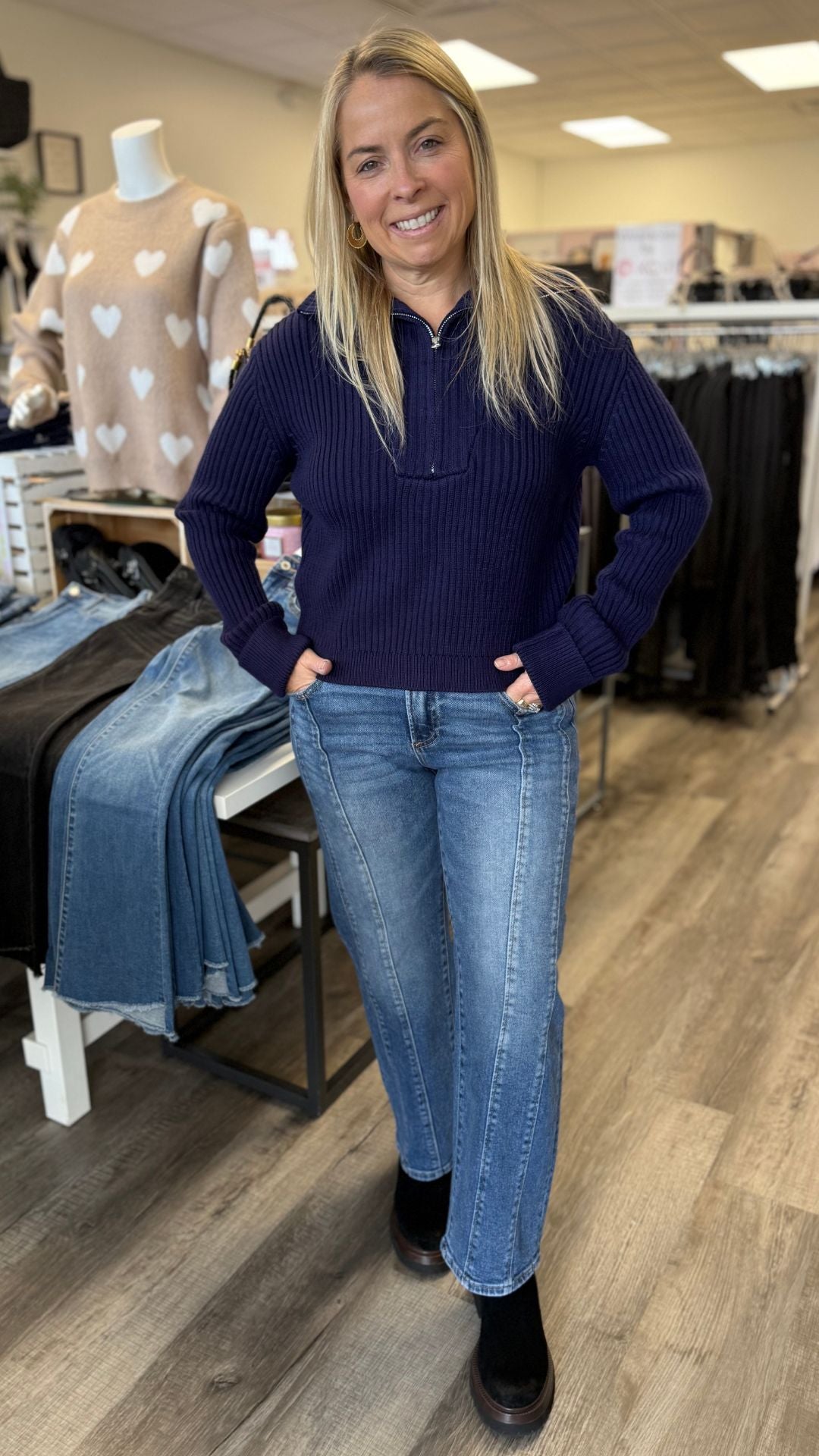 Navy Half Way Zipper Knit Sweater