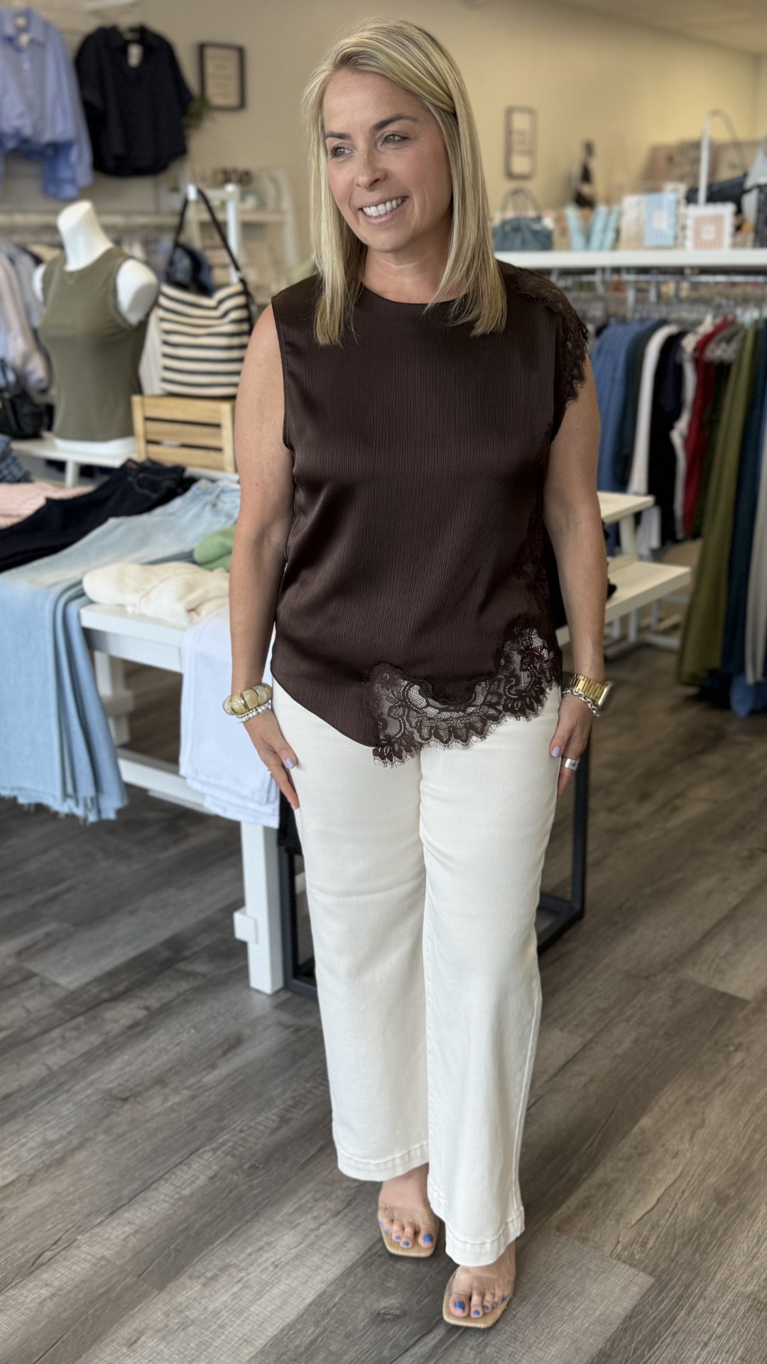 Sleeveless Lace Trim Asymmetrical Top