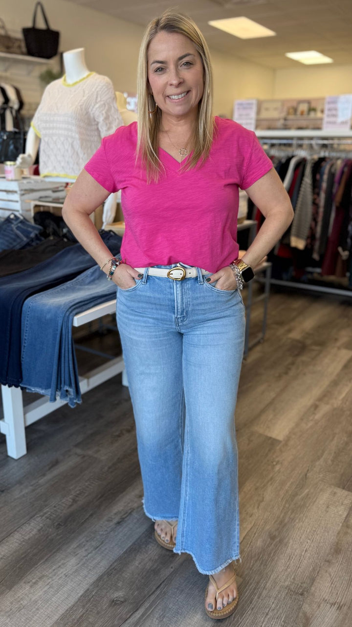 High Rise Light Wash Seamless Waistband Raw Hem Wide Leg Jeans