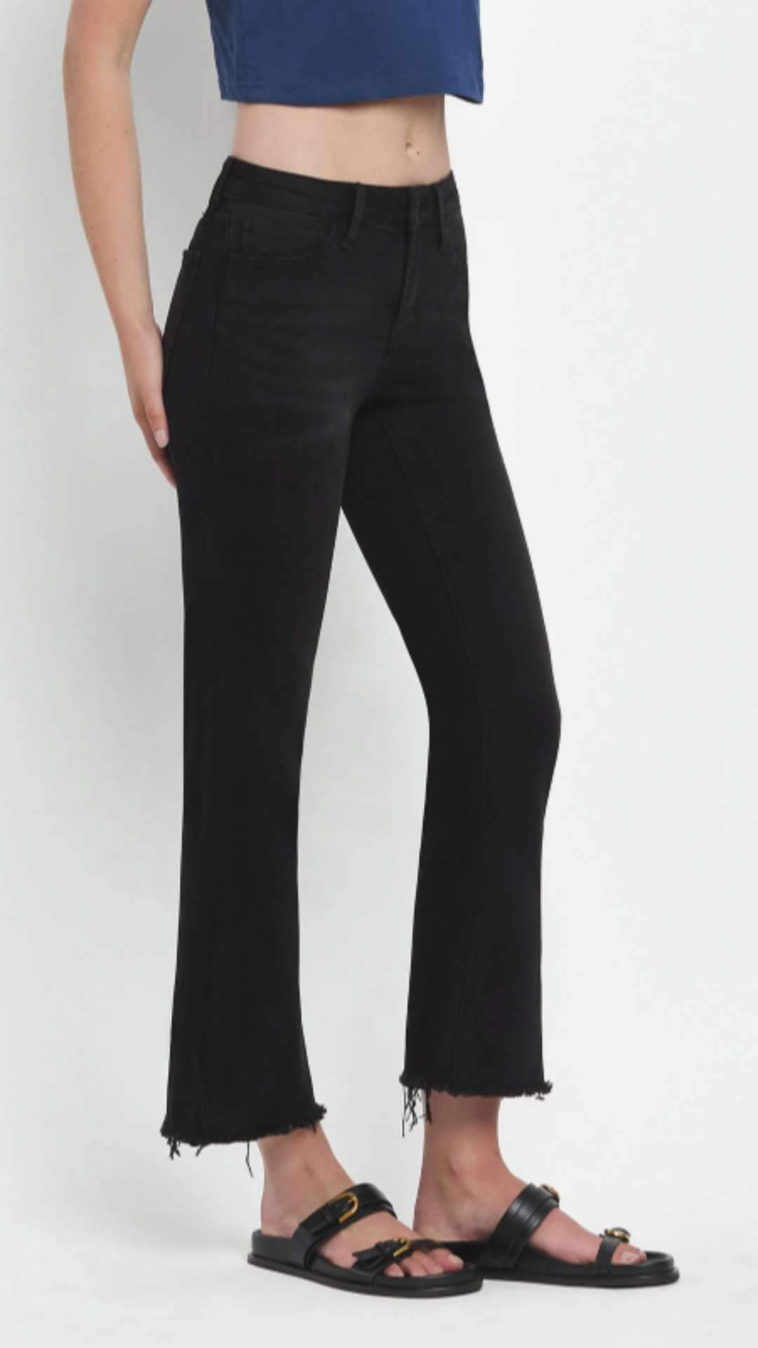Mid Rise Black Raw Hem Crop Flare Jeans