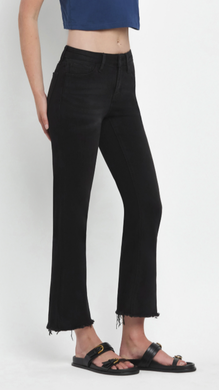 Mid Rise Black Raw Hem Crop Flare Jeans