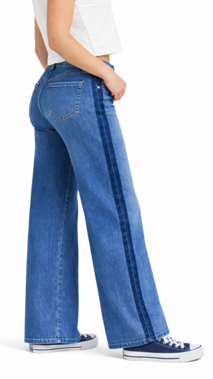 Mid Rise Medium Wash Better Butter Wide Leg With Shadow Masking Stripe Full Length Jeans