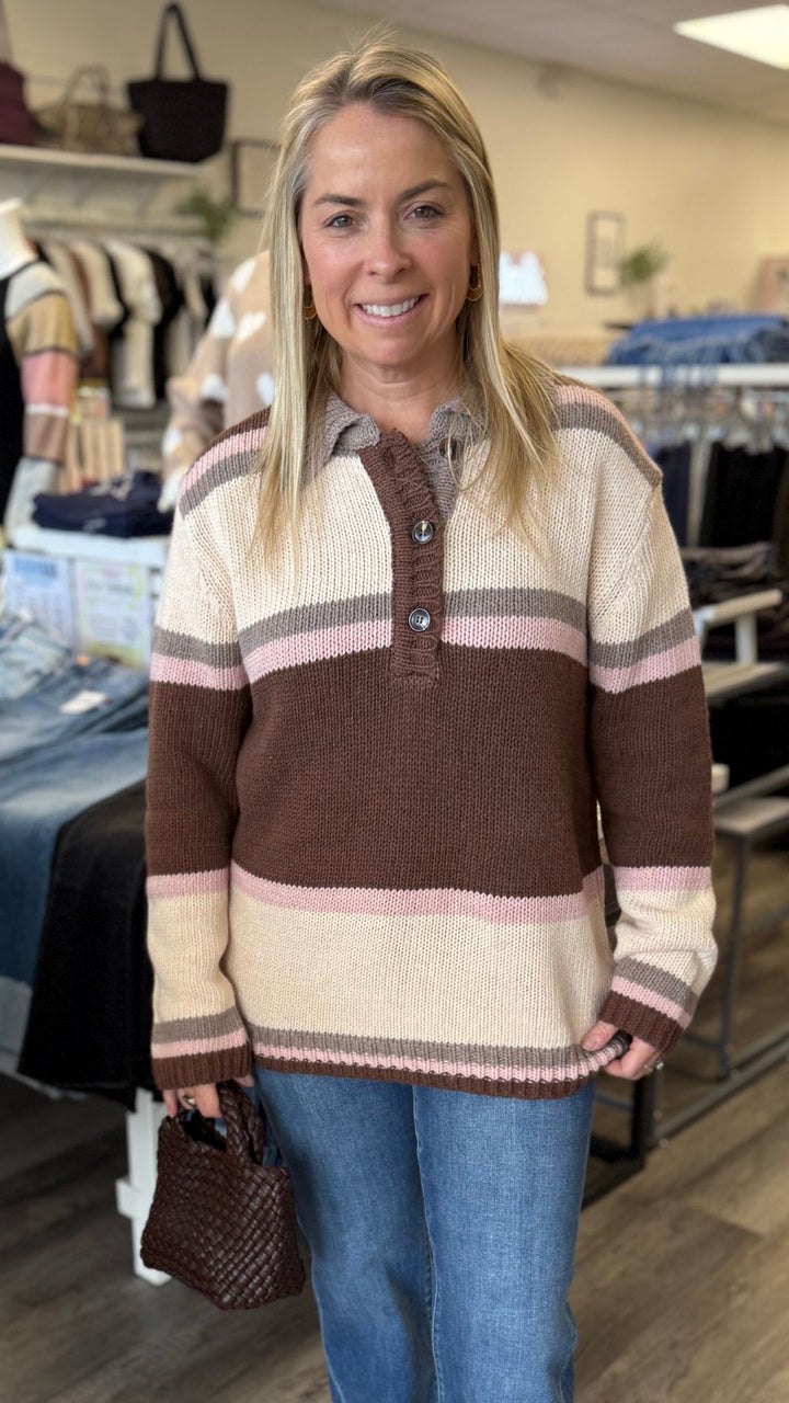 Brown And Light Pink Taupe Oversized Buttoned Sweater