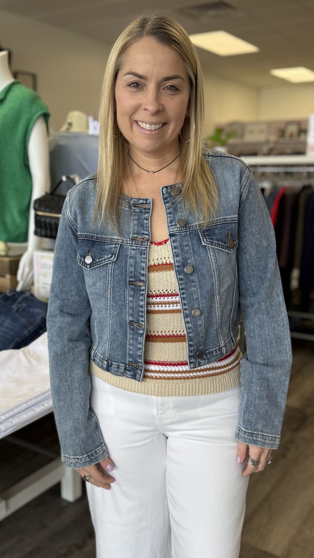 Medium Wash Collarless Denim Jacket