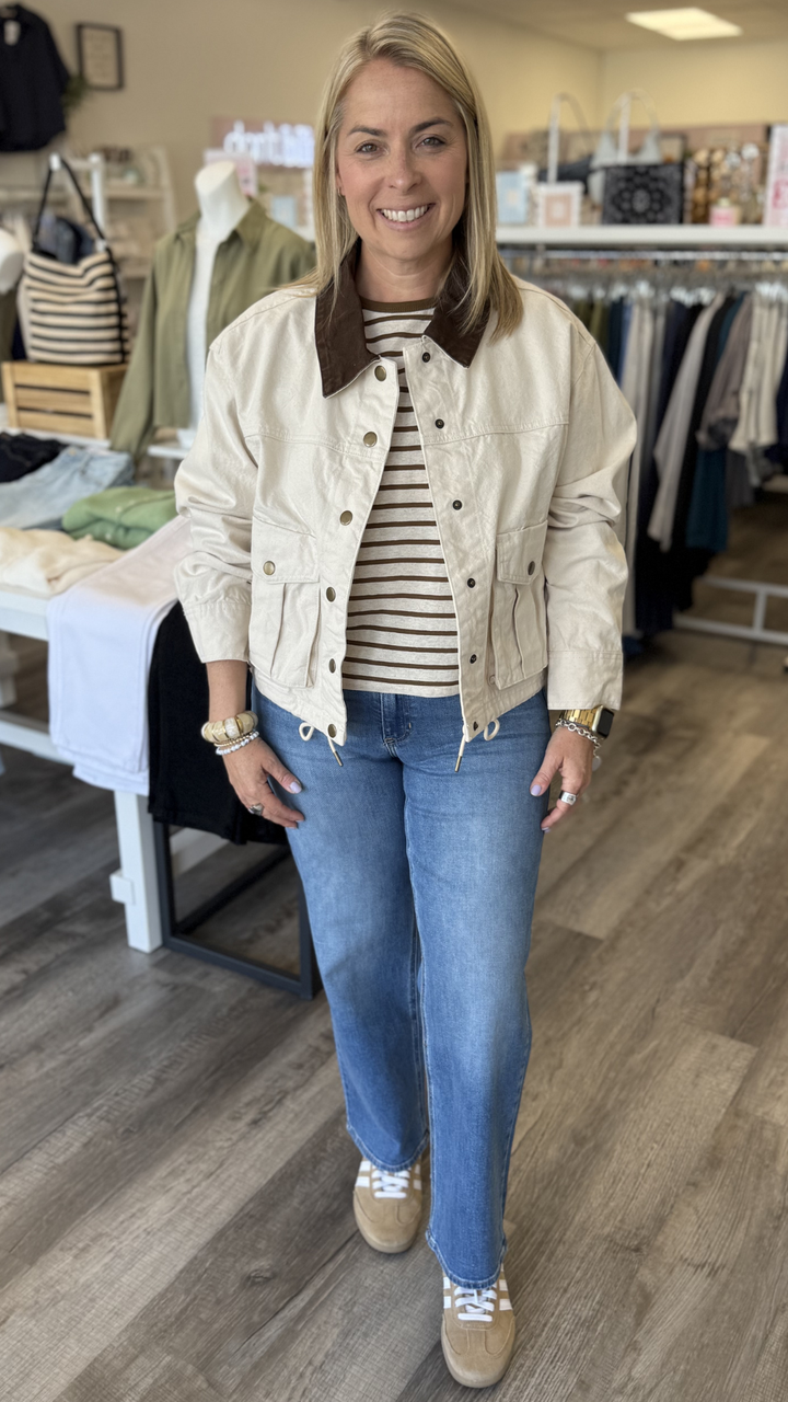 Ecru Collar Contrasted Utility Jacket