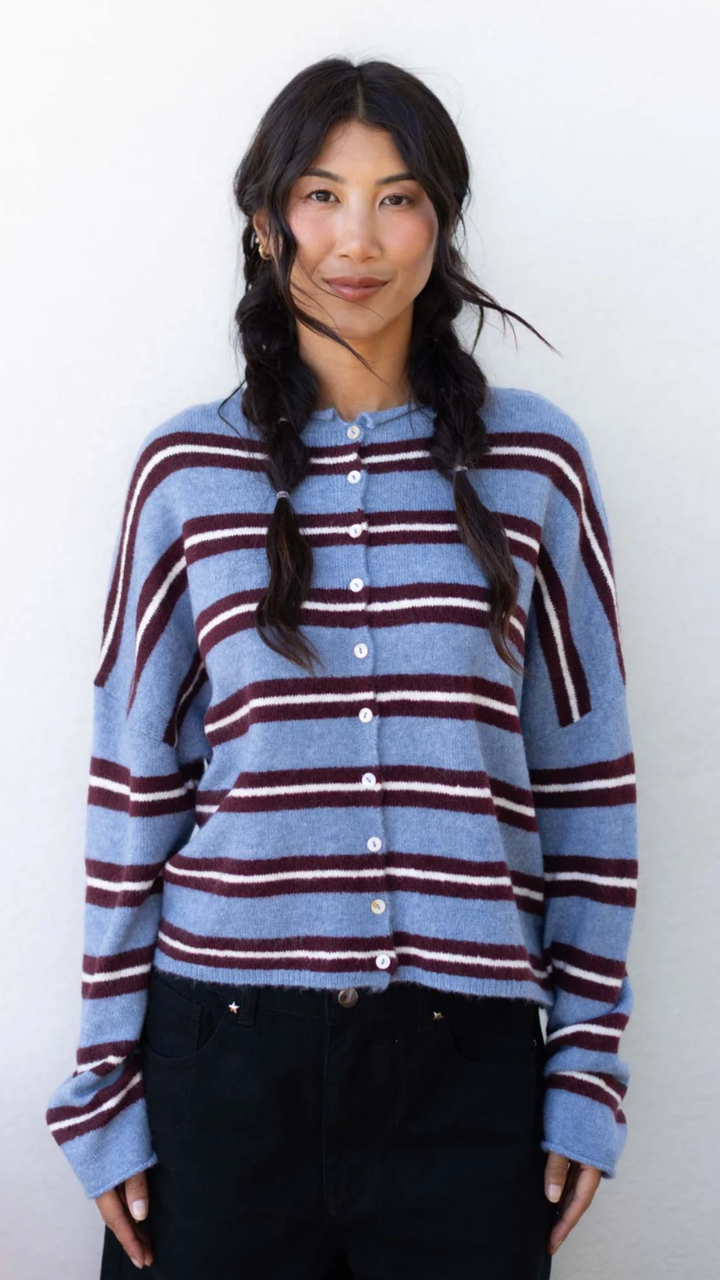 Dusty Blue Varsity Stripe Piper Cardigan