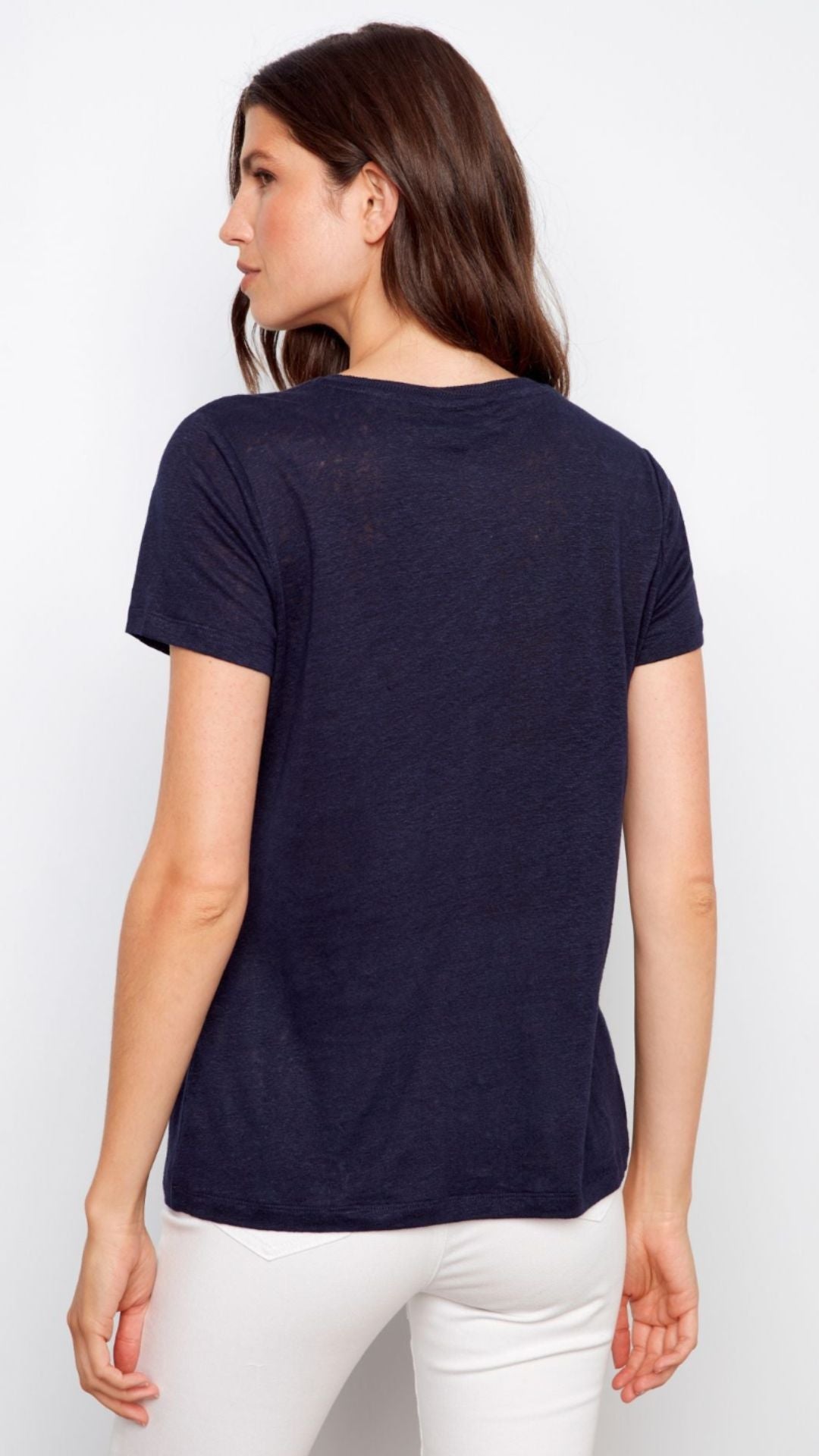 Navy Linen Blend V Neck Tee
