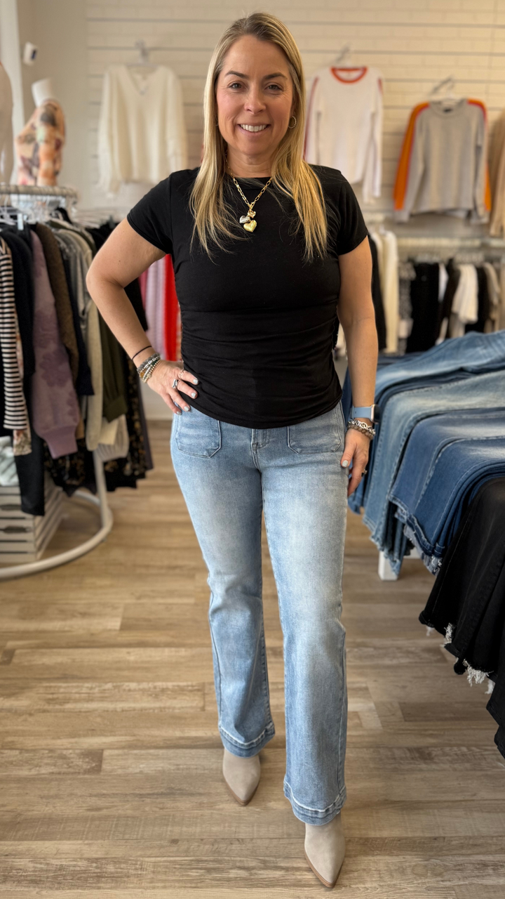 High Rise Light Wash Patch Pocket Bootcut Jeans