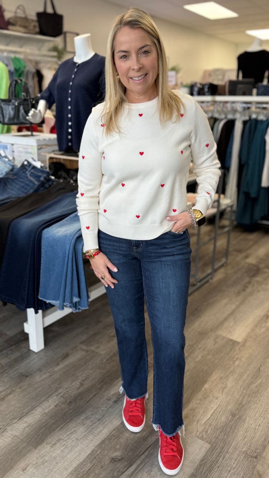White And Red Heart Embroidery Sweater Top