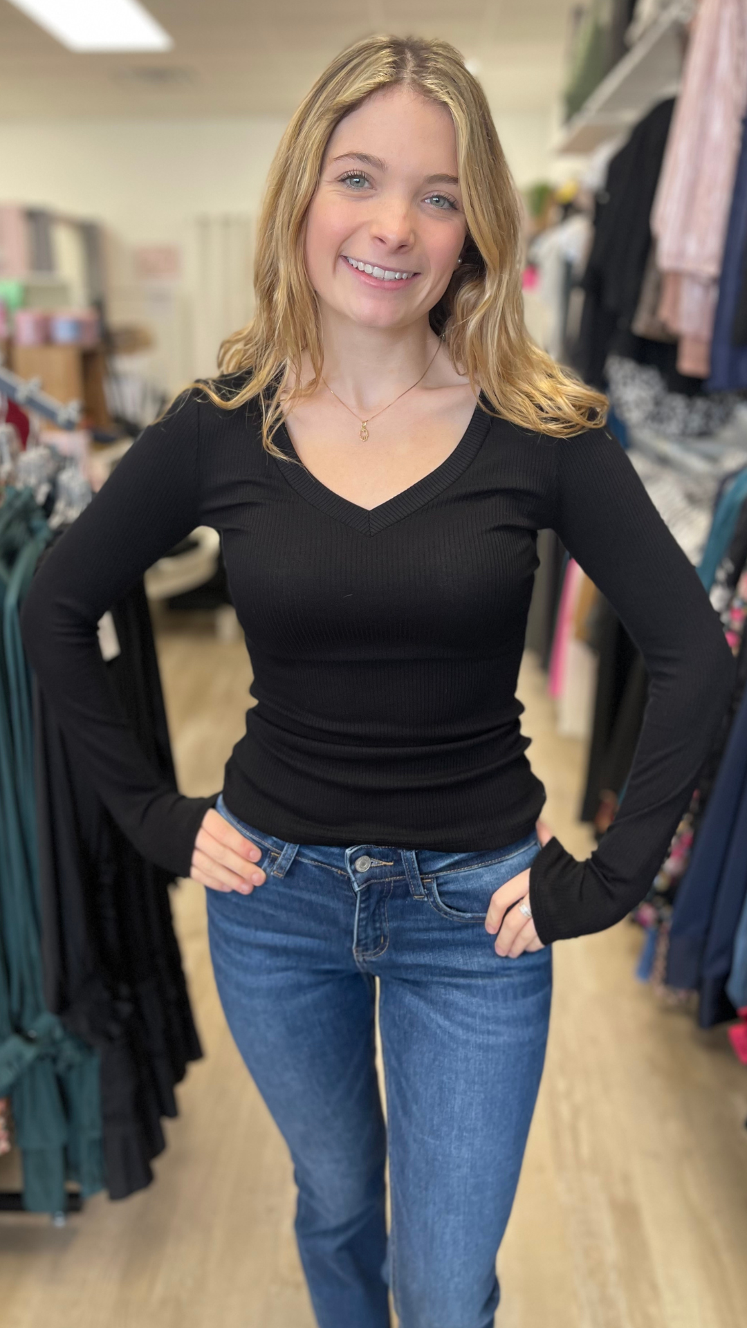 Long Sleeve V Neck Ribbed Top