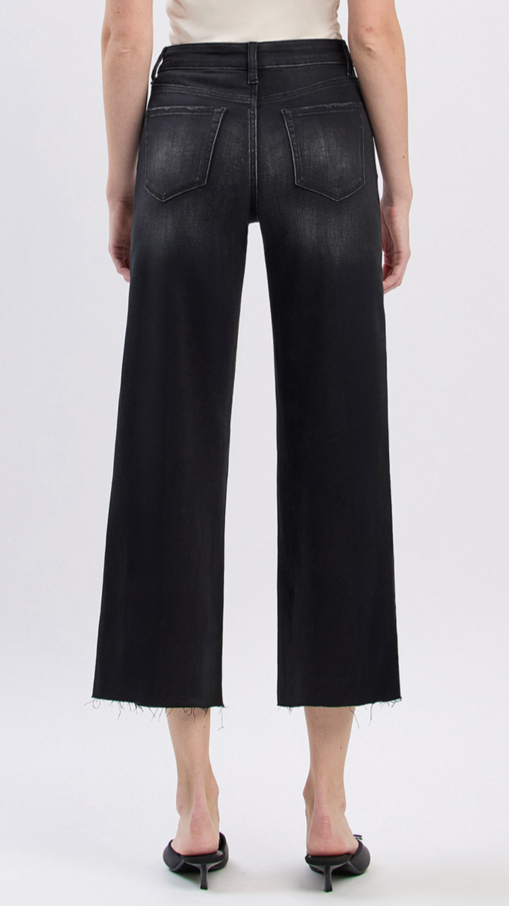 High Rise Black Crop Slim Wide Leg Jeans