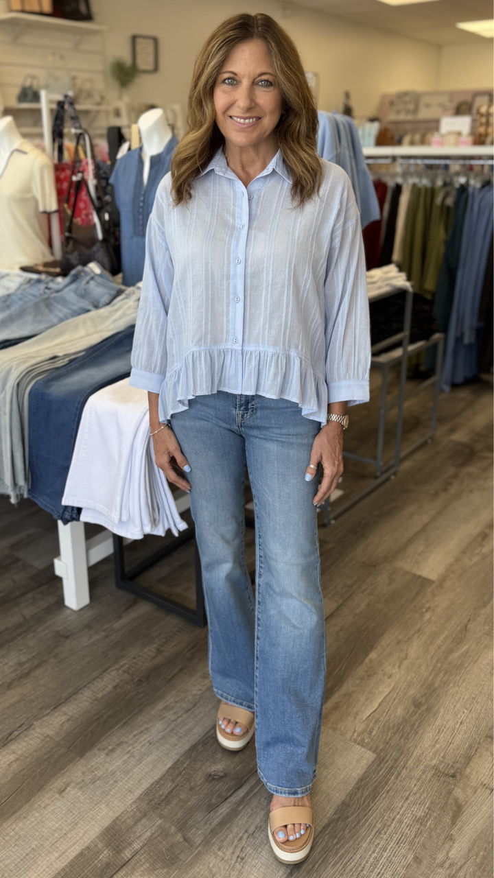 Ruffle Sleeve Embroidered Pintuck Button Down Top