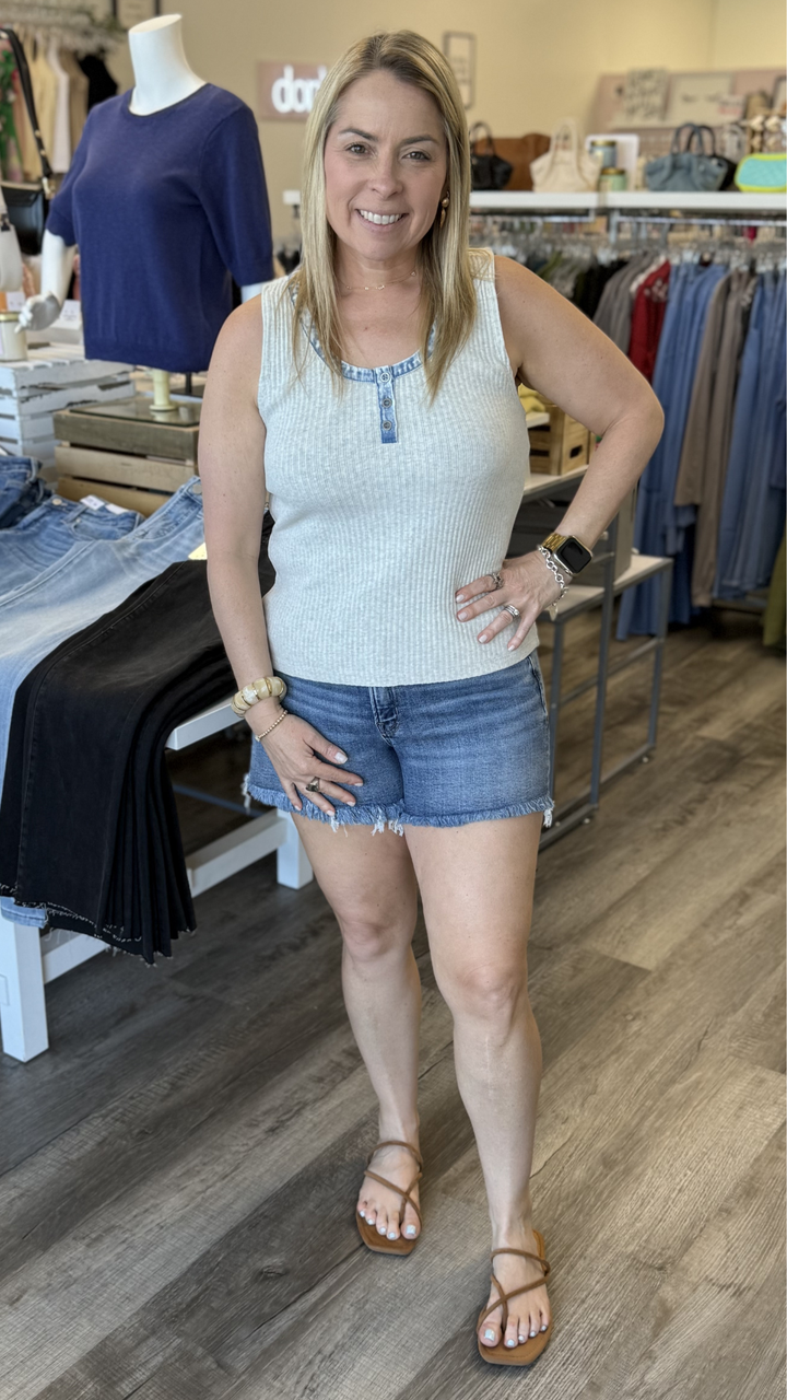Oatmeal Henley Neck Washed Tank Top