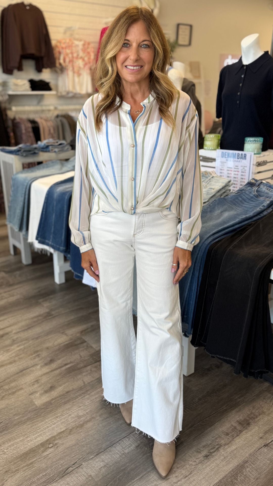 Stripe Surplice Sheer Long Sleeve Blouse