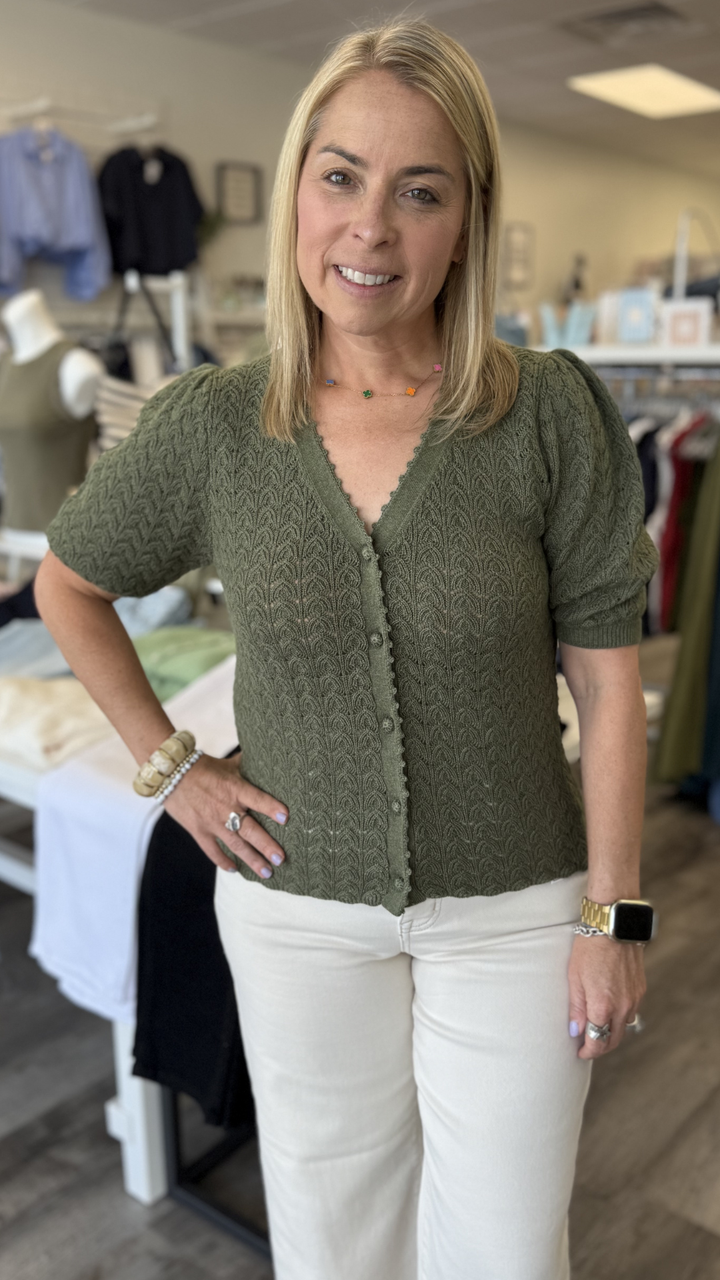 Olive Puff Sleeve Scalloped Edge Top