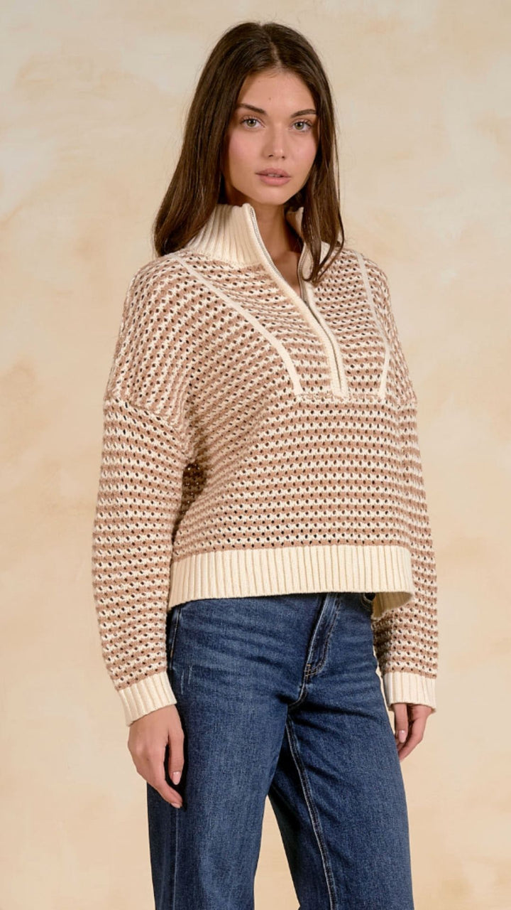 Natural Open Knit Quarter Zip Sweater