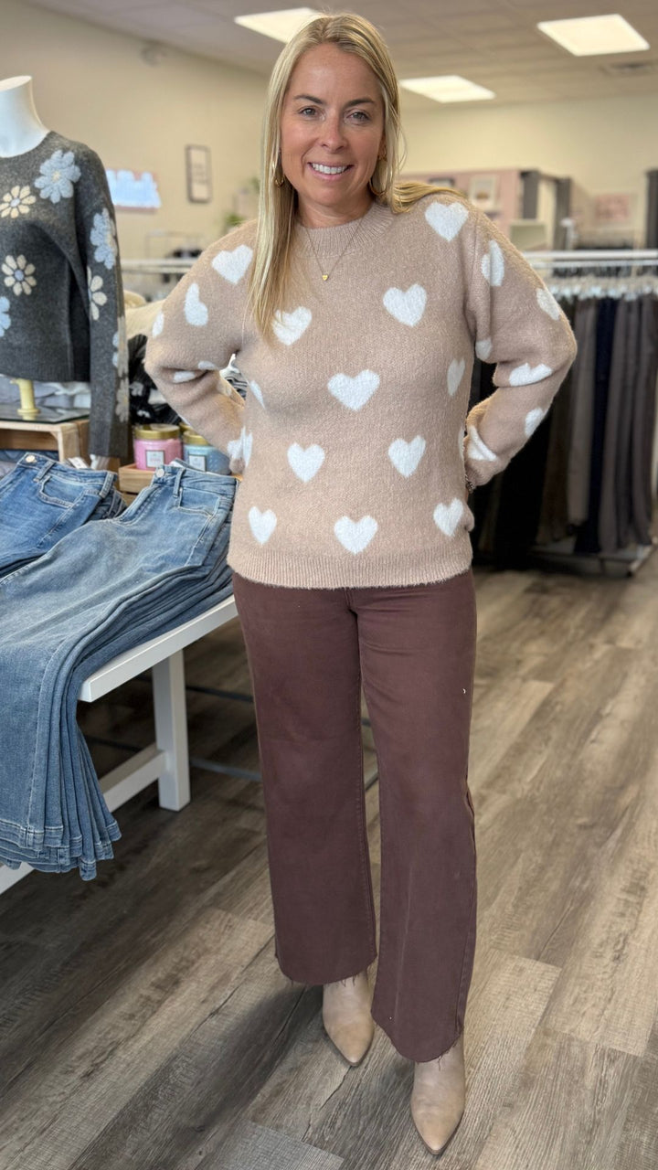 Beige Fuzzy Heart Sweater