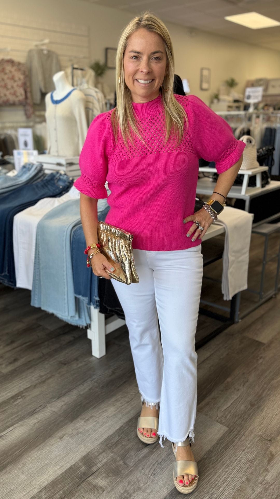 Magenta Pointelle Knit Puff Sleeve Top