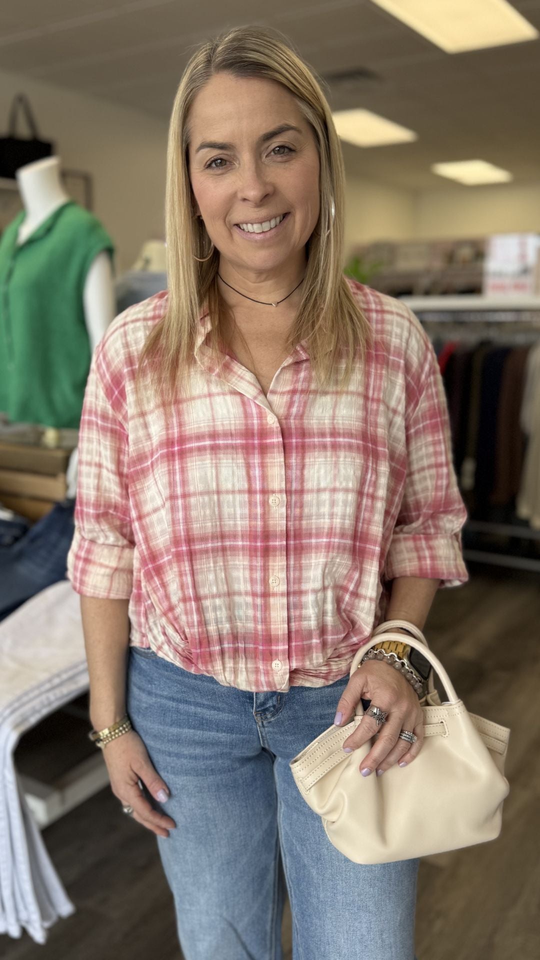 Cotton Plaid Twist Front Shirt With Roll Up Long Sleeves