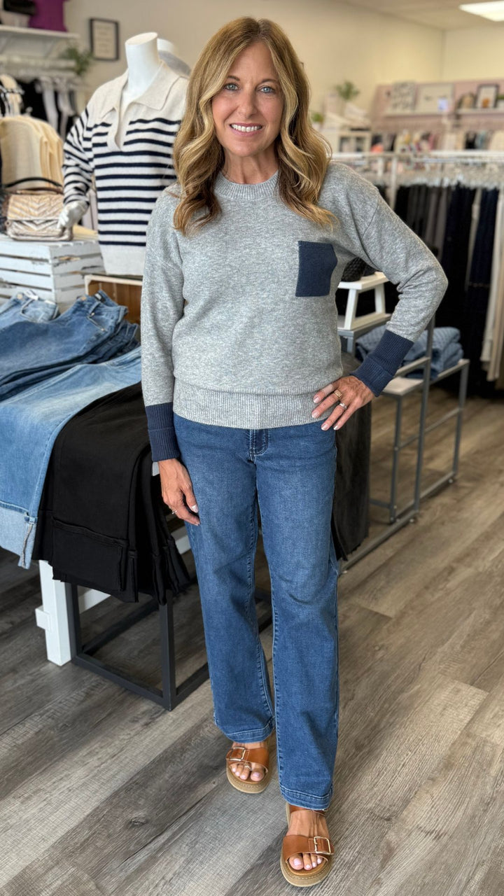 Mid Rise Dark Wash Slim Wide Sweat Jeans