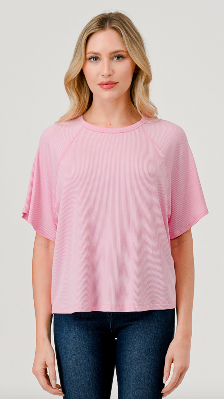 Baby Pink Ribbed Loose Fit Tee