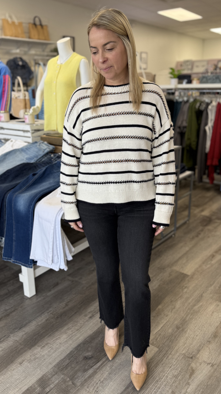 Ivory And Black Cotton Striped Knit Sweater