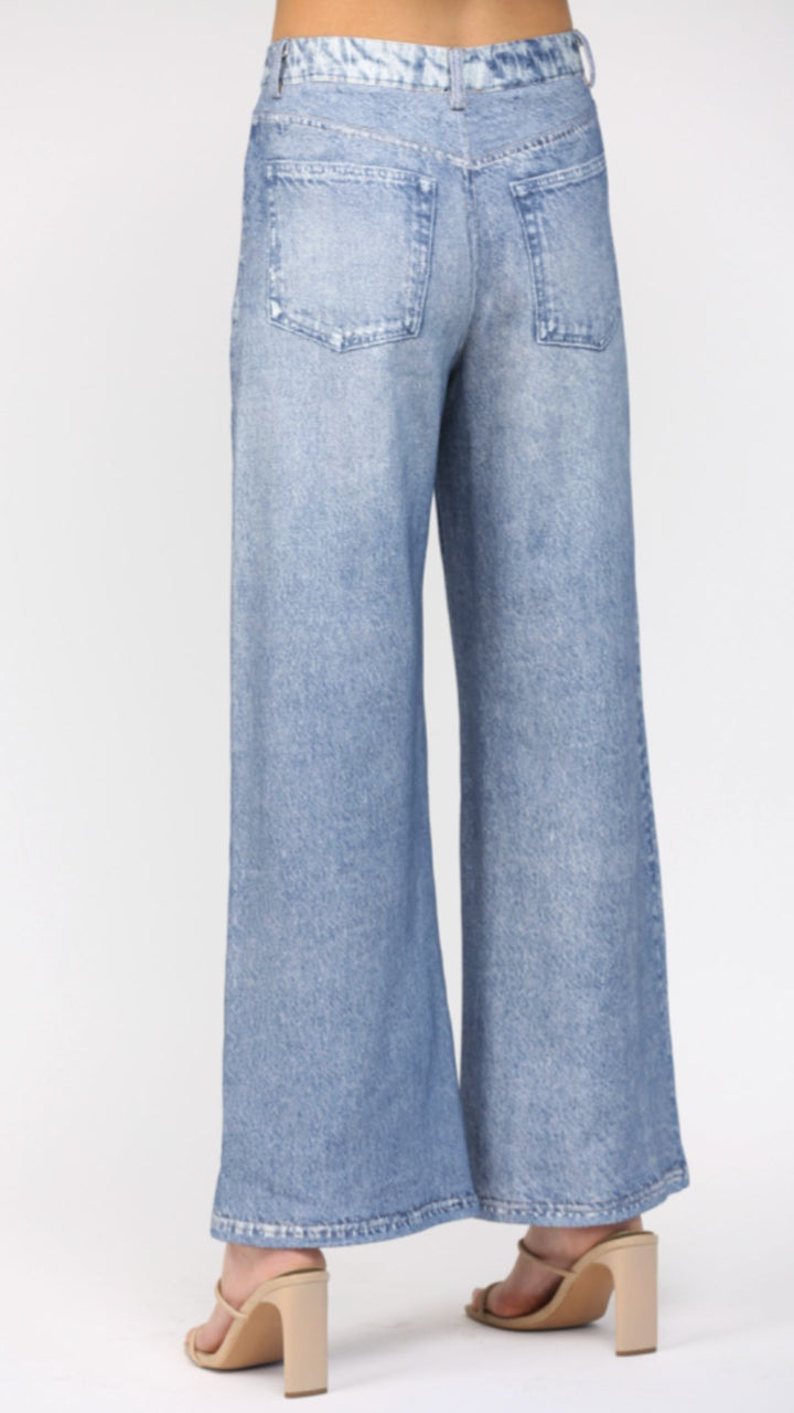 Denim Print Wide Leg French Terry Pants