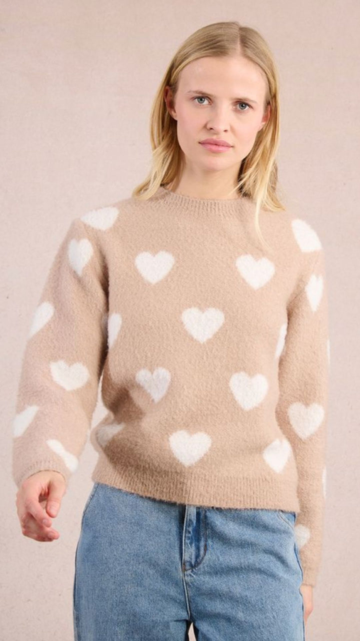 Beige Fuzzy Heart Sweater