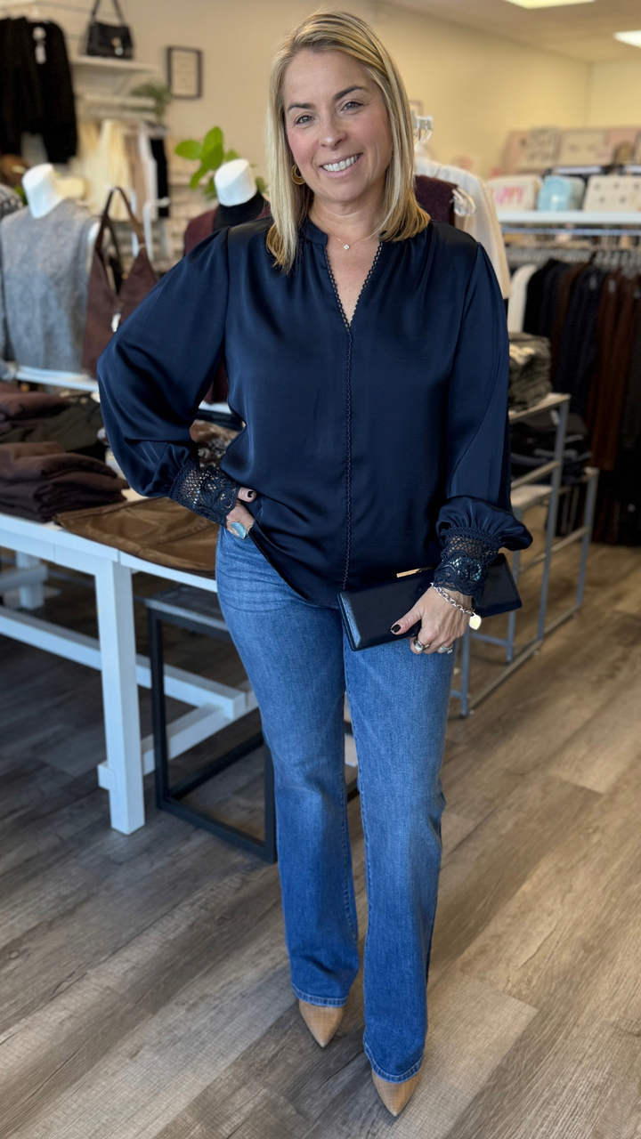 Navy Lace Trim Placket Detail Blouse