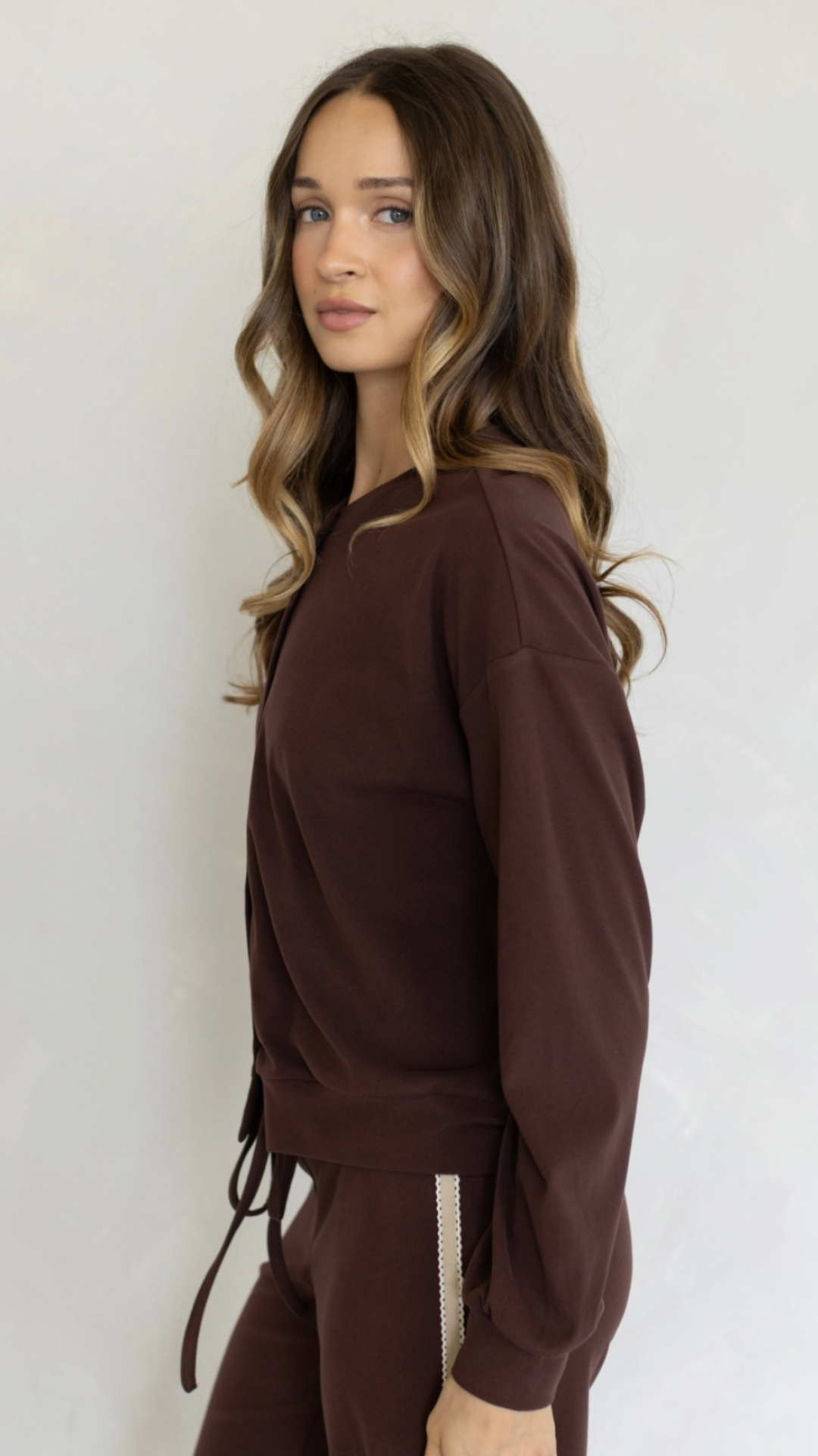 Chocolate Cardigan And Cream Side Stripe Knit Pants Set