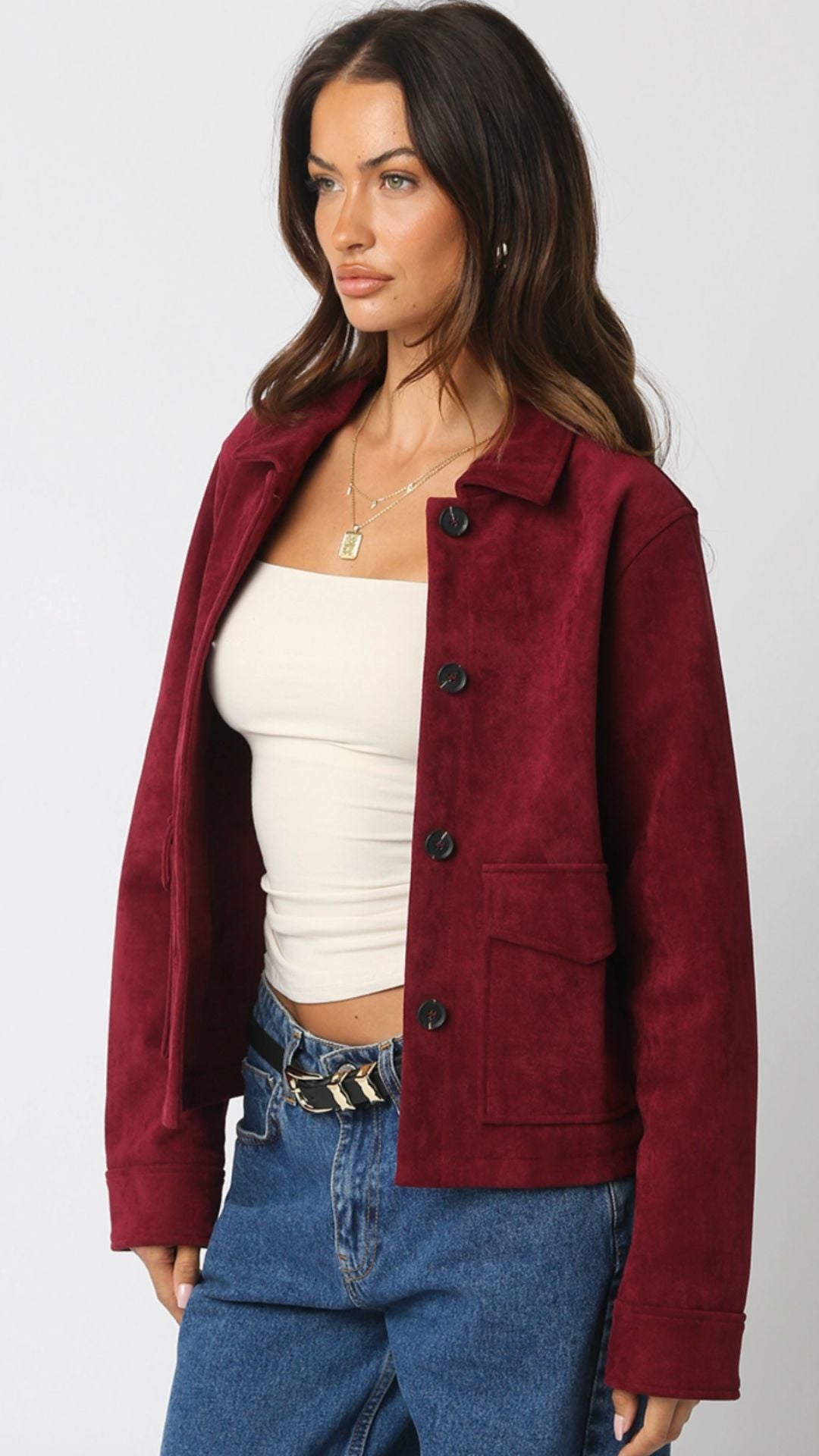 Burgundy Suede Buttoned Jacket