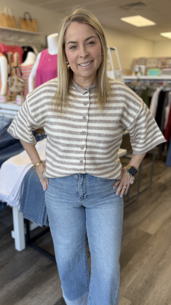 Taupe And Cream Striped Quarter Sleeve Sweater Cardigan