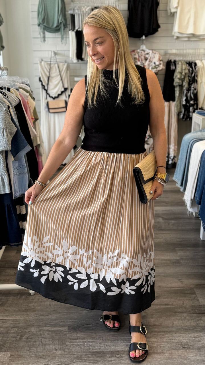 Beige Black Floral Detail Midi Dress